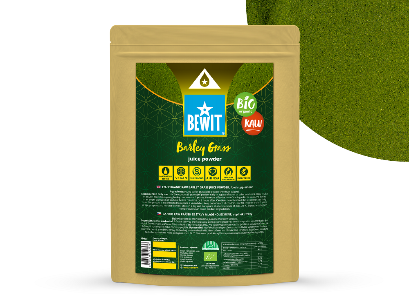 BEWIT Organic young barley RAW, juice powder - Powdered juice with maximum concentration of nutrients, food supplement - 2