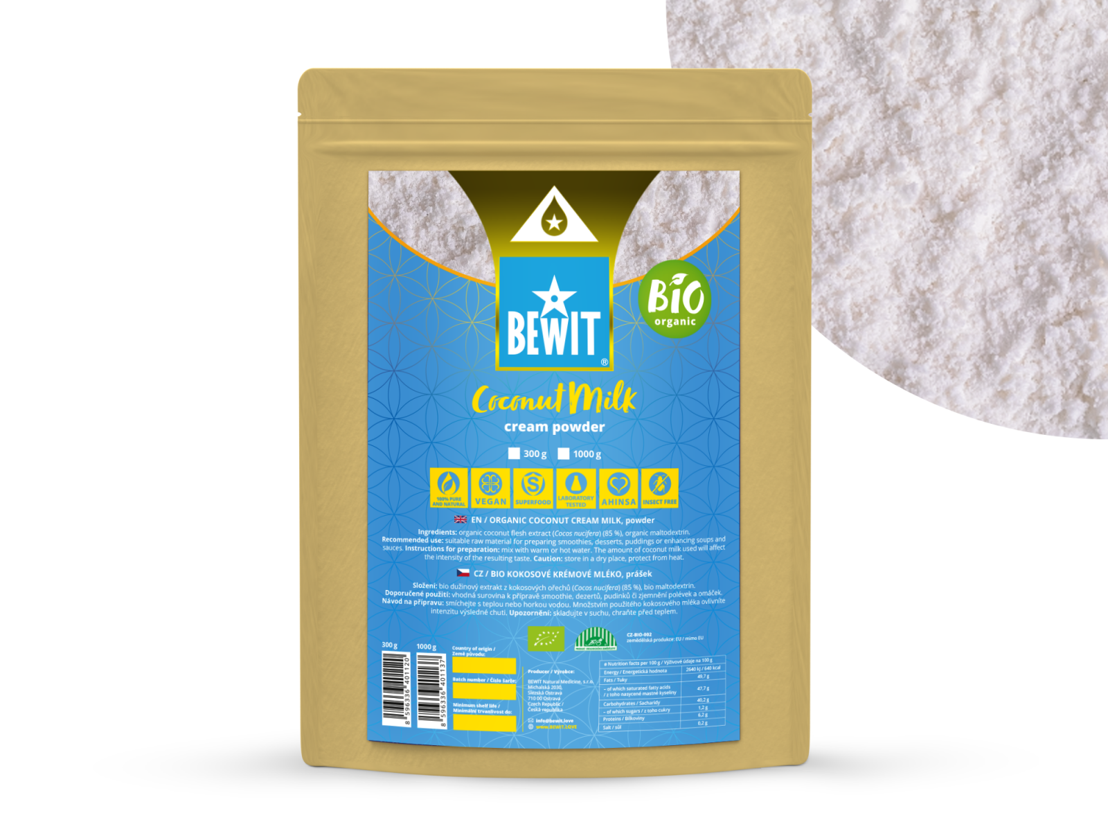 BEWIT ORGANIC COCONUT CREAM MILK, powder - Organic coconut flesh extract. - 1