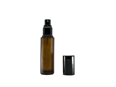 Glasflasche, braun mattiert, 50 ml, schwarzes Spray, schwarzer Deckel