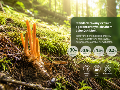 Cordyceps Premium, BIO (≥30% betaglukanů) - Doplněk stravy. Duální extrakt z mycelia housenice čínské v BIO kvalitě. - 6