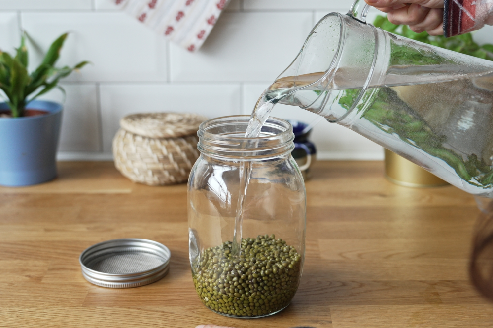 Pouring water into the BEWIT 950 ml sprouting jar